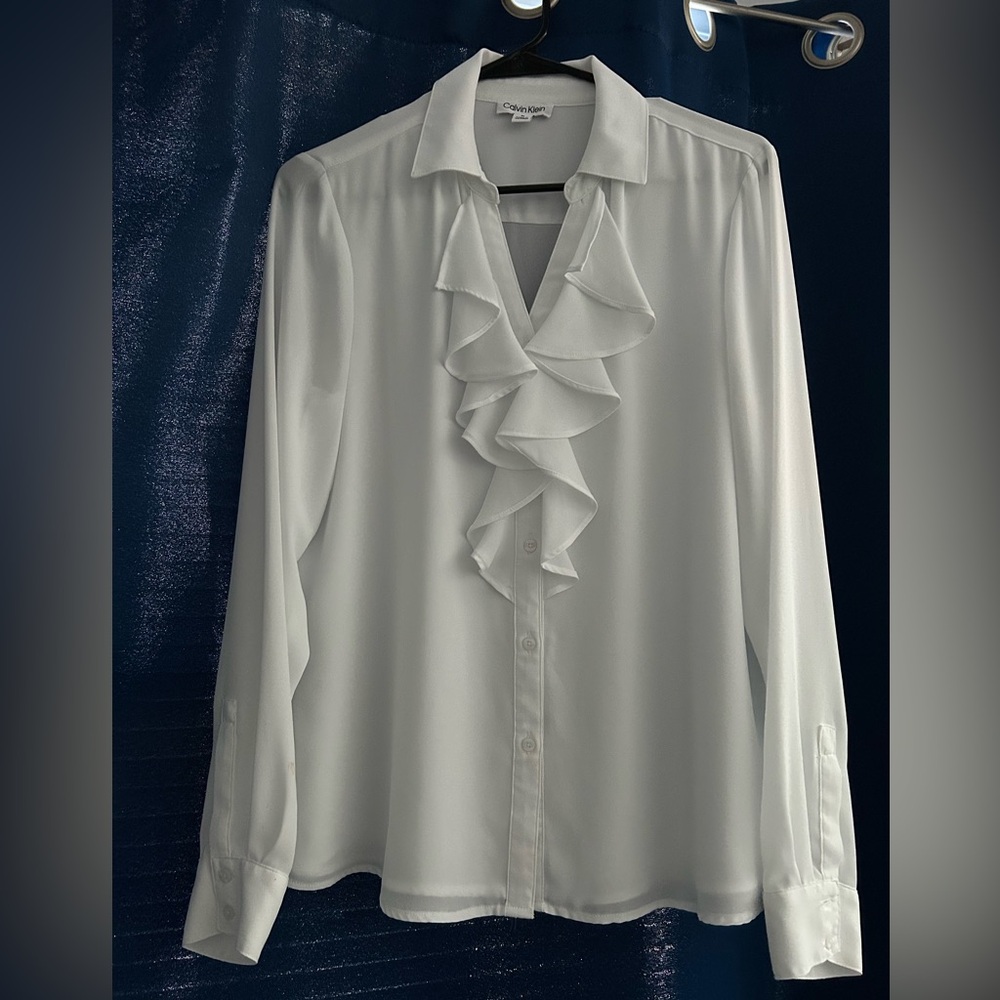 Calvin Klein White Ruffle Front Button-Down Blouse